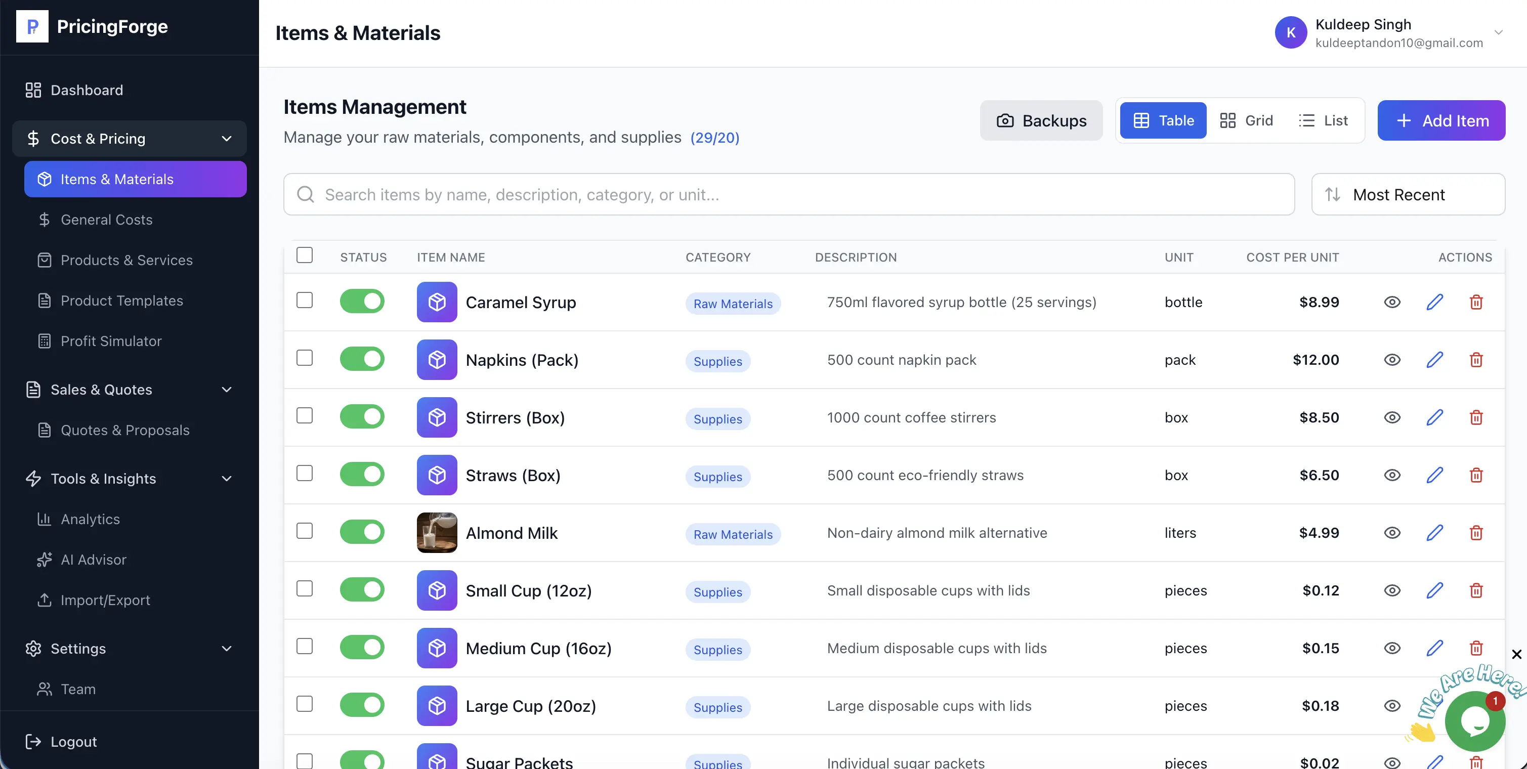 Business Items - Track all materials and components