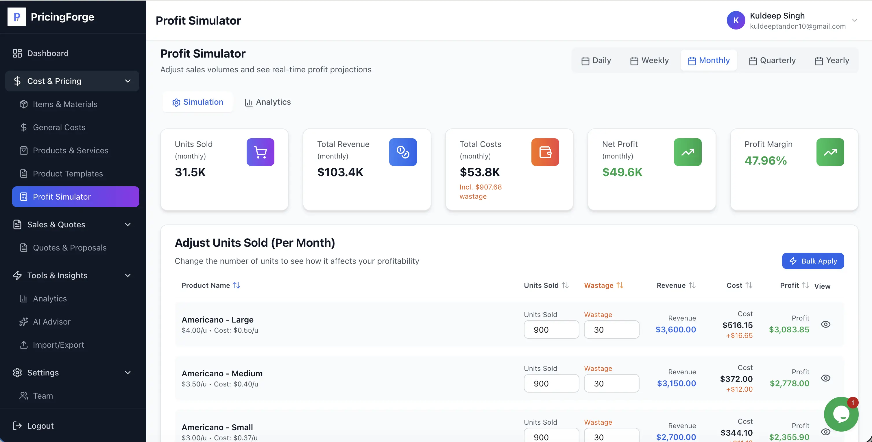 Profit Simulator Tool